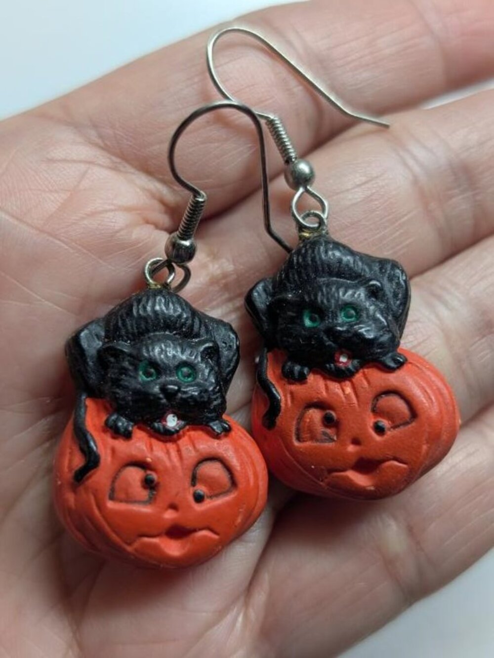 Vintage Halloween Enamel Purple Owl with a Black Witch Hat Earrings.
